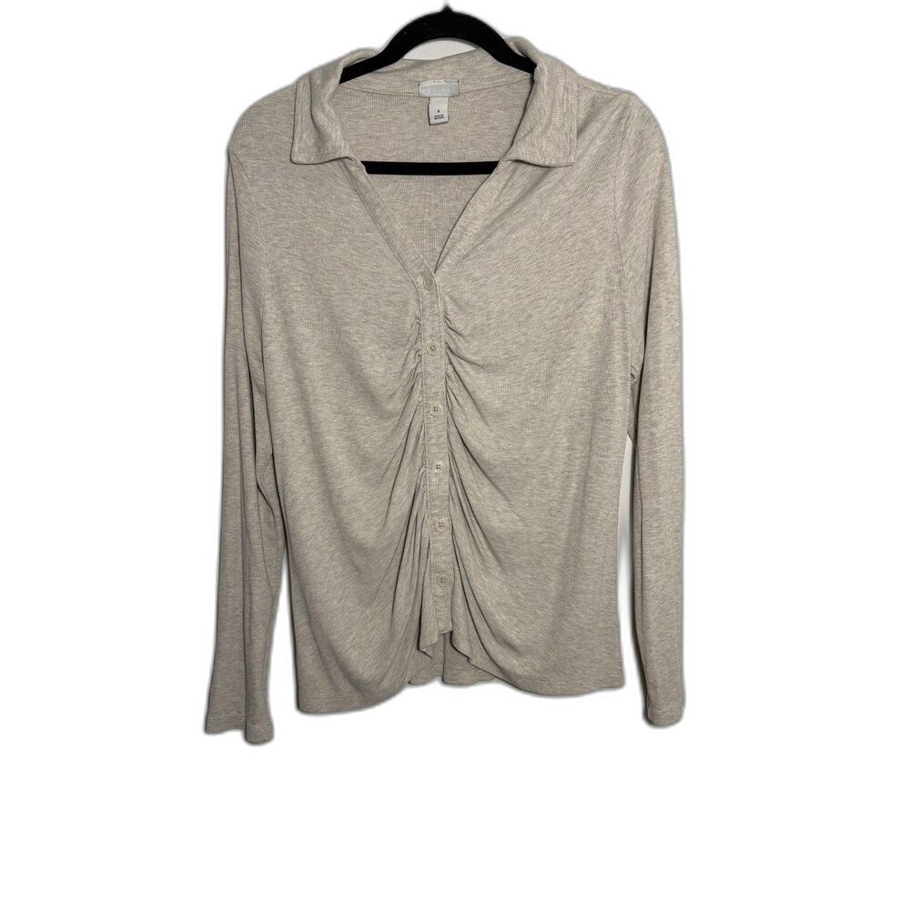 Ava & Viv Size X Oatmeal Ruched Button Front Collared Top